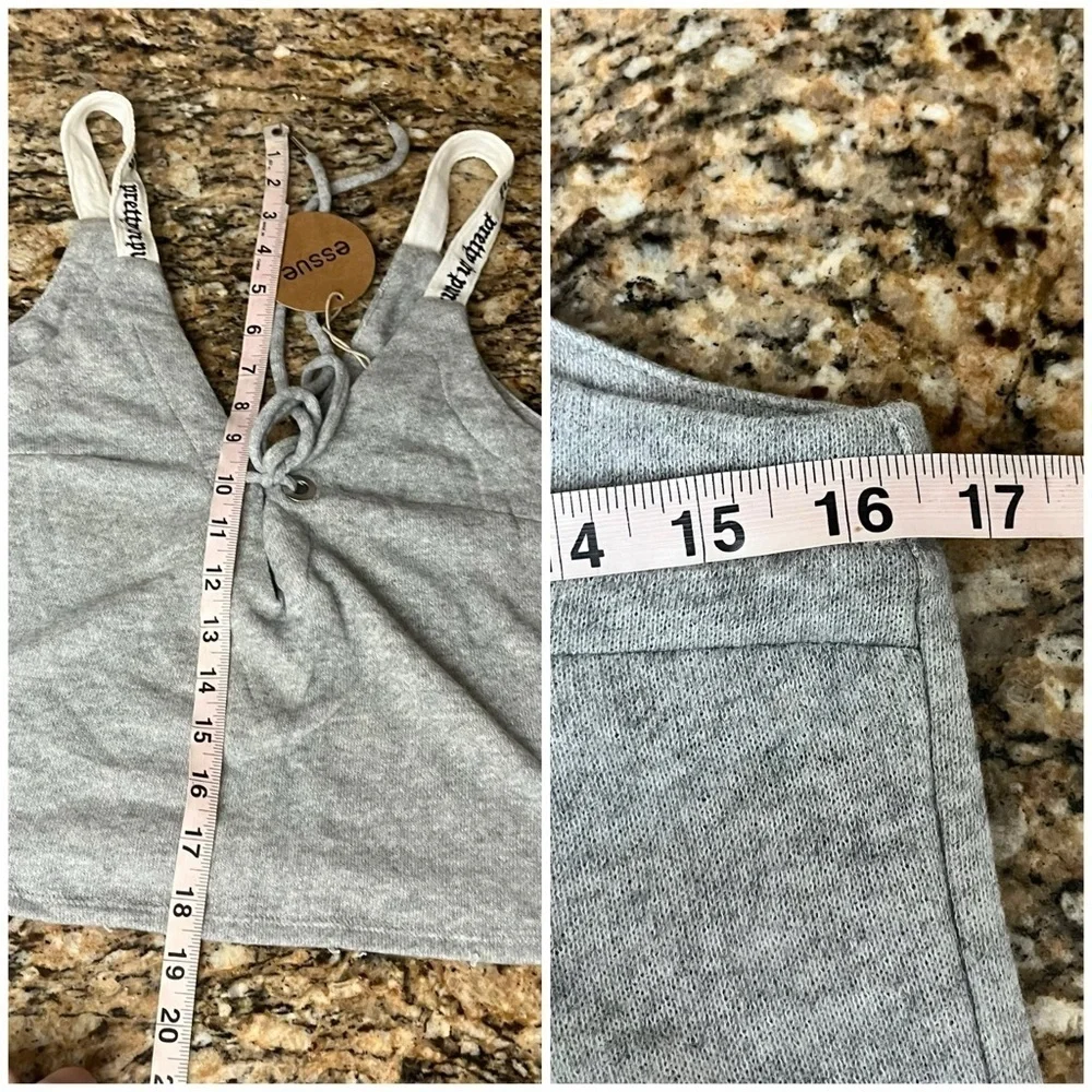ESSUE Grey Terry Knit Lace Up Crop Top Women’s Small | Boho Beachy Y2K Peasent